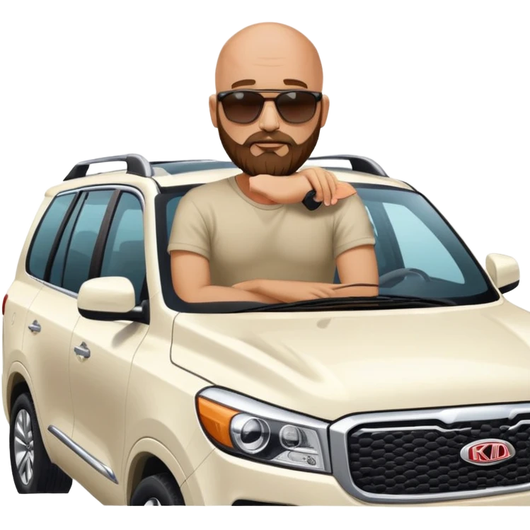 bald man with beard sitting on top of a white Kia Mohave SUV emoji