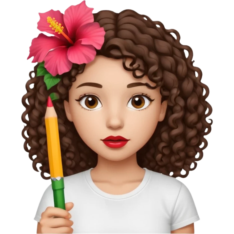 A brunette girl turned to the left side with curly hair with a hibiscus on her hair on her lips she has a brown pencil outline with gloss over it with a white t-shirt  emoji