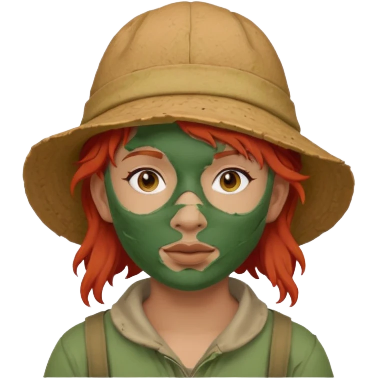messy green full face clay mask and tourist hat red hair  emoji