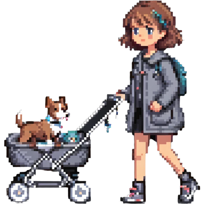 girl walking with a stroller and dog on a leash emoji