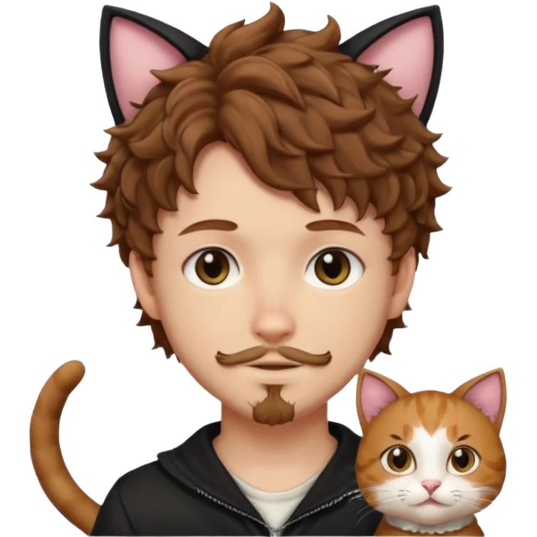 white boy with cat tail with goatee hair and cat ears with brown hair and anime features woth curly hair  emoji
