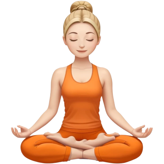white woman with ponytail hairstyle in lotus position meditation yoga pose, closed eyes with a gentle smile, wearing orange yoga outfit emoji