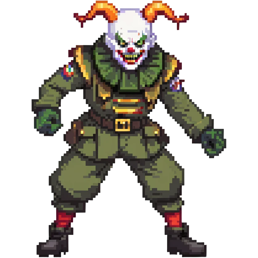 evil clown soldier, bald, short devil horns on forehead, fangs, pointed ears, black and military green clothes, fighting stance emoji