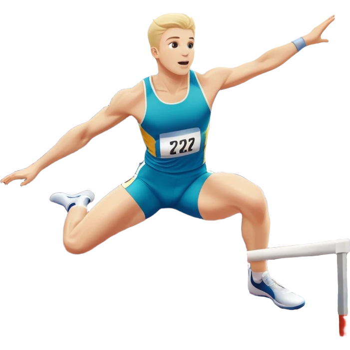 An icon of an white-skined athlete soaring over a hurdle, mid-jump, with a powerful form. The background features a vibrant stadium, with the track and hurdles in sharp focus, and a cheering crowd along the stands. The motion of the jump emphasizes speed and agility. Transparent background. emoji