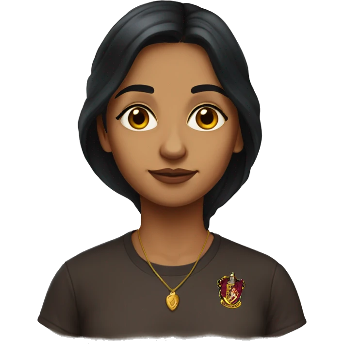 indian woman with long dark hair, brown eyes, and a harry potter t-shirt emoji