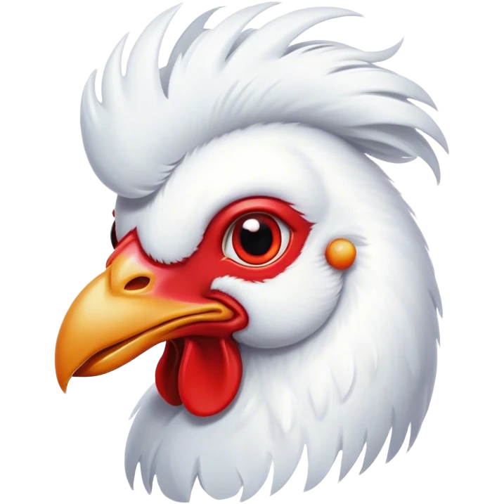 Cinematic Cute White Rooster Portrait Emoji, Head tilted playfully and inquisitively, featuring a glossy, immaculate white plumage with a vibrant red comb, round, sparkling eyes filled with curiosity, Simplified yet irresistibly adorable features, highly detailed, glowing with a warm, friendly glow, high shine, affectionate and spirited, stylized with a touch of farmyard whimsy, bright and endearing, soft glowing outline, capturing the essence of a mischievous yet loving rooster, so playful it feels like it could strut out of the screen and into your arms! emoji