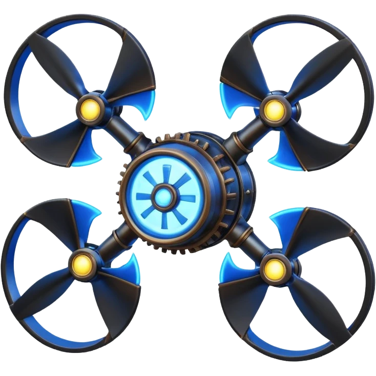 A Discord emoji of a black iron mechanical propeller or anchor with glowing blue energy lines. Steampunk-gothic fusion, high visibility, white background. emoji