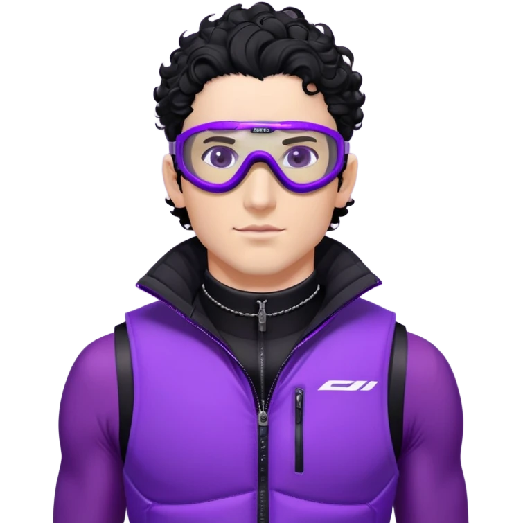 male athlete with white skin and moderately curly black hair on top with shaved sides, wearing ski goggles with purple frames and very dark black lenses, a simple plain black chain necklace, and a completely unzipped/wide open shiny purple vest fully revealing his chest and abs, no earrings emoji