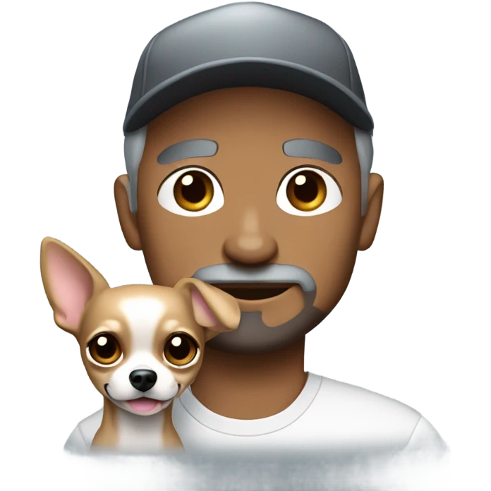 blue eyed man with gray hair and goatee wearing ball cap holding chihuahua with long black hair emoji