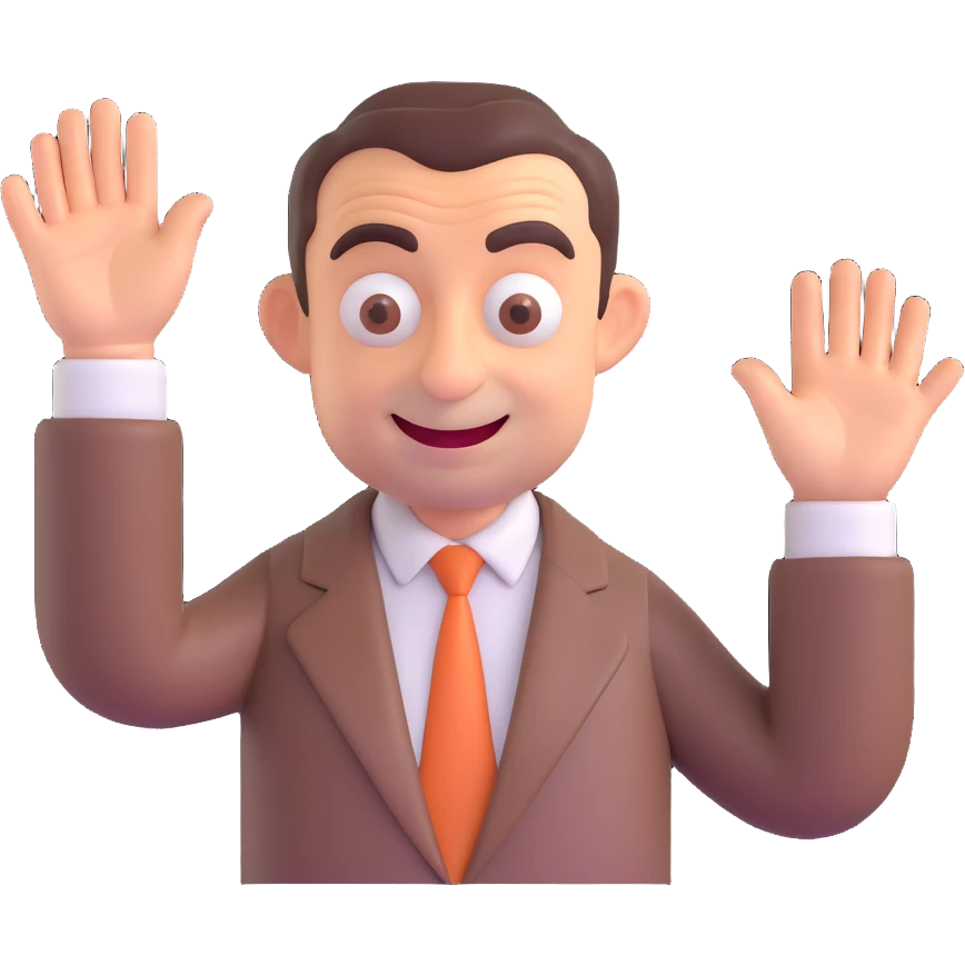 Happy Mr. Bean waving, 3D emoji style, no background, smooth and polished 3D rendering, friendly and cheerful expression. emoji