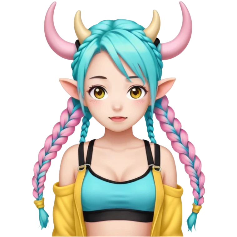 En anime-jente med to rosa lange tykke fletter og cyan striper i håret, ku-horn og ku-ører, sort BH-topp over en gul cropped-fleece-blouse emoji