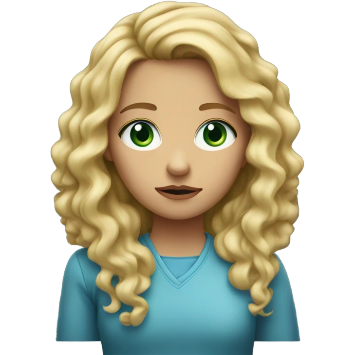 A girl with a very concerned face with long blond curly hair and green blue eyes emoji