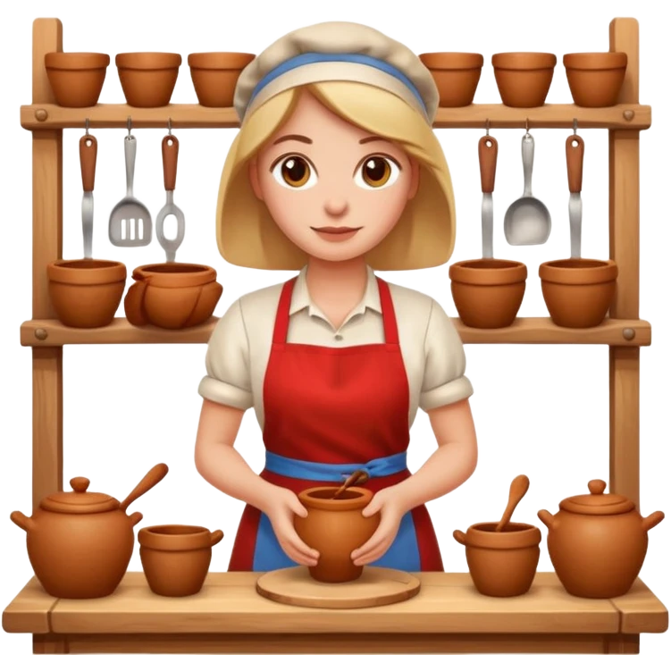 cartoon Apple iOS emoji style woman, pastel colors, Chilean wooden kitchen background, clay pots, warm light, detailed and clean vector art emoji