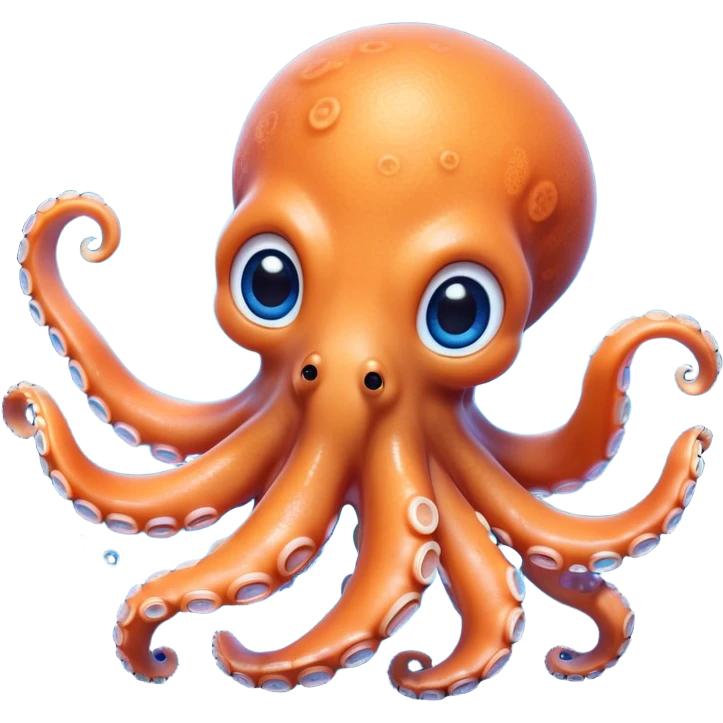 Cinematic Cute Octopus Portrait Emoji, Head tilted playfully and inquisitively, featuring a rounded, light orange body embellished with playful blue rings, eight adorably curling arms, and big, twinkling eyes full of wonder, Simplified yet irresistibly adorable features, highly detailed, glowing with a warm, inviting underwater glow, high shine, affectionate and lively, stylized with a touch of whimsical cartoon charm, soft glowing outline, capturing the essence of a mischievous yet loving octopus that seems as if it could bob out of the screen into your arms! emoji