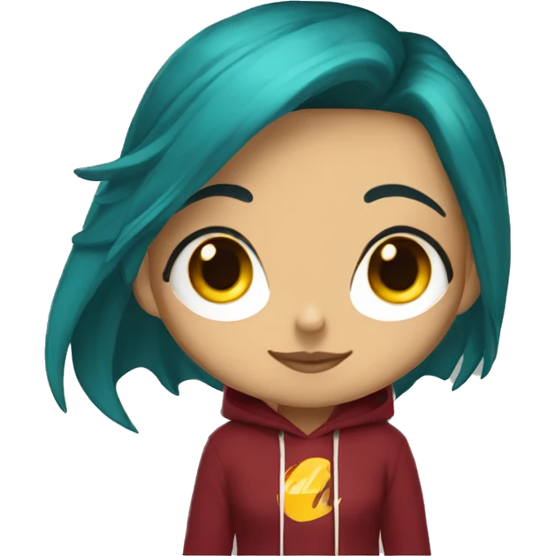Lady with brunette and blue hair, gold, green dragon wings, maroon hoodie, black and gold Nike t shirt, and bright red eyes emoji