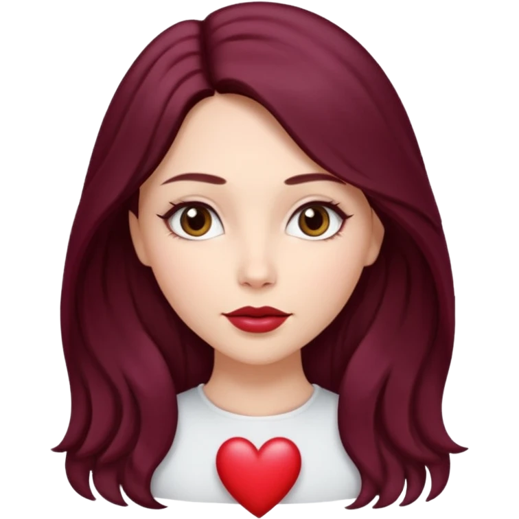 young white woman 
brown almond eyes
heart shaped lips
Long waist-long hair, center parted
slightly wavy
dark burgundy hair\ emoji