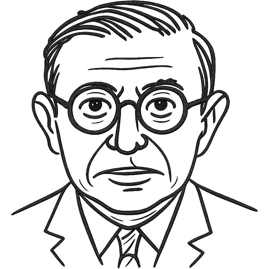 a hand drawn black outline portrait of Jean-Paul Sartre with similar-sized eyes based a famous portrait of him emoji