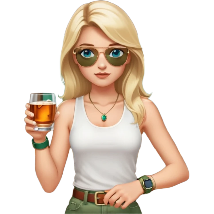 girl with long blond hair
with blue eyes
and aviator sunglasses
wearing white tank top 
holding a glass of whiskey 
wearing (rose gold apple watch with forest green band) emoji