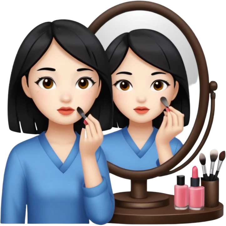A chinese girl is prettying herself in front of mioor emoji
