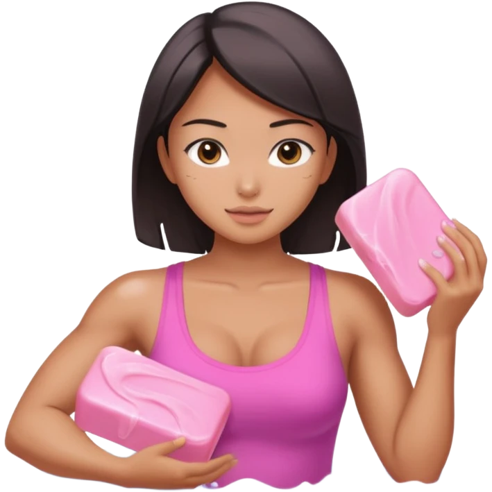 sexy and muscled tanned asian girl, washing room with pink soap emoji