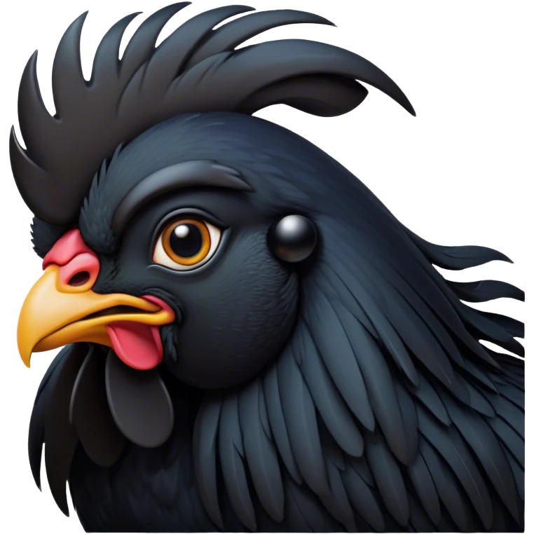 Cinematic Noble Black Rooster Portrait Emoji, Poised and regal, with a robust, commanding build and a sleek, well-groomed pure black plumage, deep-set soulful piercing eyes, Simplified yet sharp and sophisticated features, highly detailed, glowing with a soft, dignified glow, high shine, intelligent and proud, stylized with an air of mysterious majesty, focused and attentive, soft glowing outline, capturing the essence of a watchful and confident leader, so majestic it feels as though it could crow out of the screen with effortless authority! emoji
