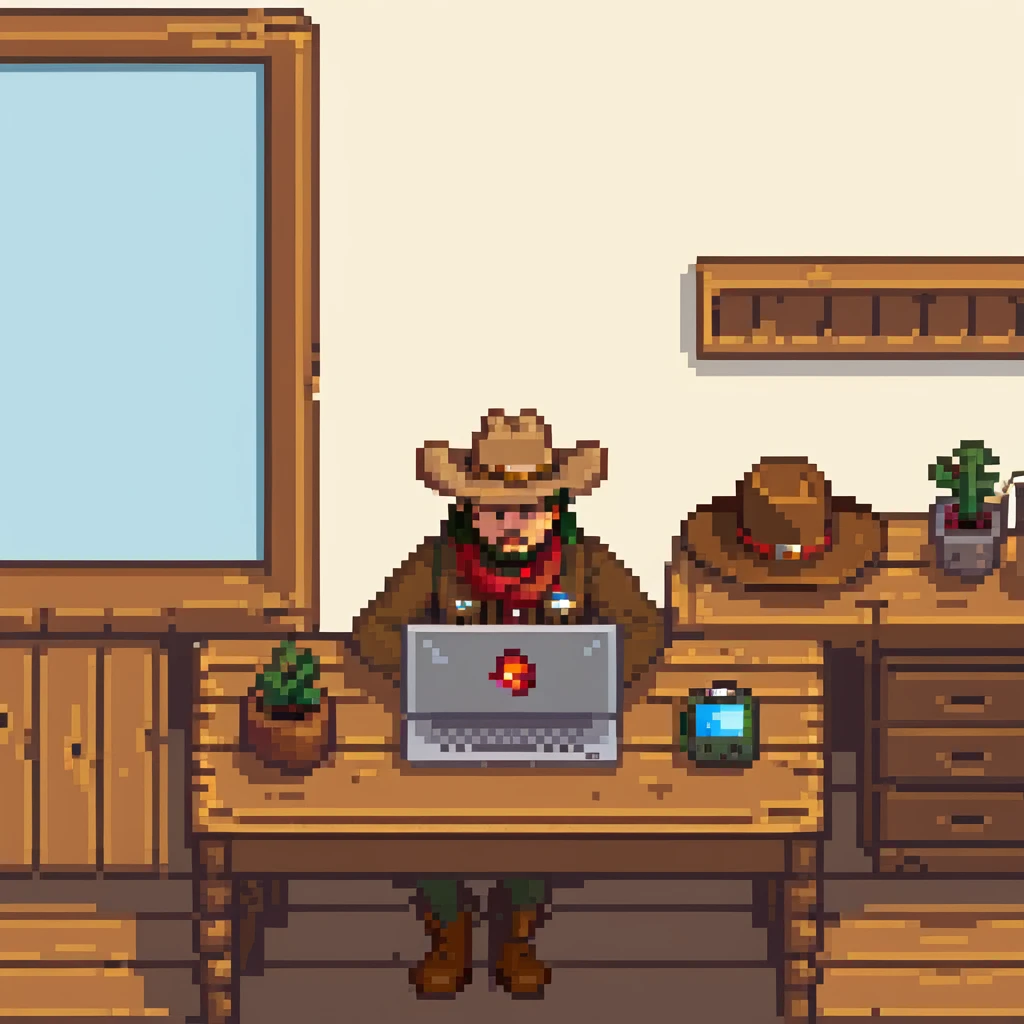 Frontier explorer with cowboy hat using a laptop on a wooden desk emoji