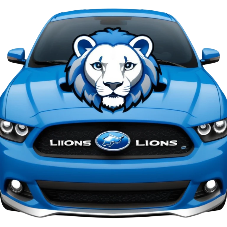 Detroit Lions themed Ford car emoji, blue and silver colors, roaring lion emblem on the hood, sporty and bold style emoji