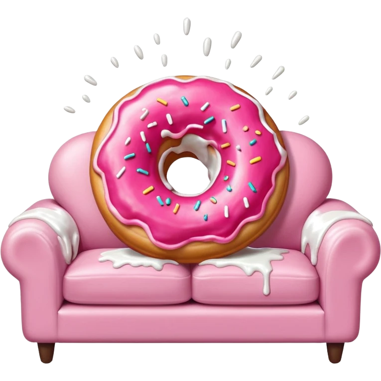 White icing running through a pink donuts hole spilling out onto a couch to make a sticky mess emoji