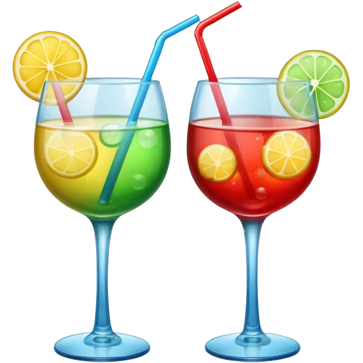 Create an emoji of two cocktails cheers action, one glass of green and yellow color and one glass of blue and red, without any fruit, make a toast asction emoji
