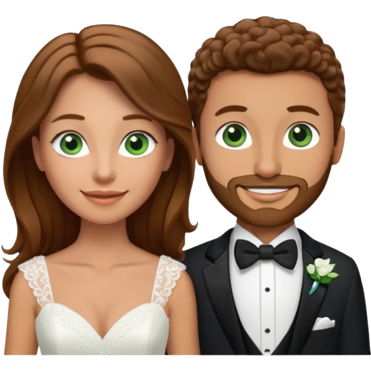 wedding couple woman with long straight brown hair and green eyes man with short light brown curly hair and facial hair with blue eyes emoji