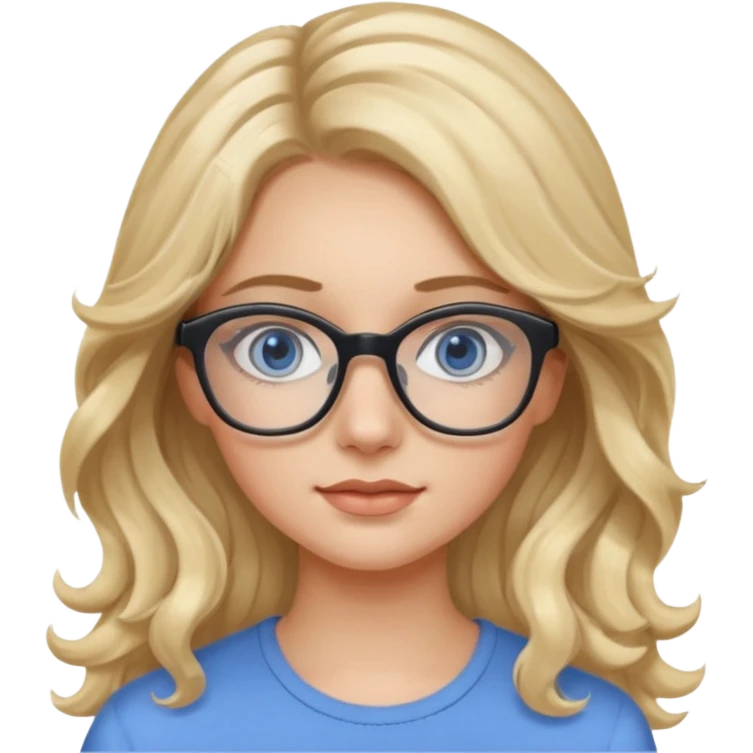 Fille 20ans qui a des cheveux long et blond et wavy avec des lunettes et des yeux bleu- gris avec du mascara sur les yeux emoji