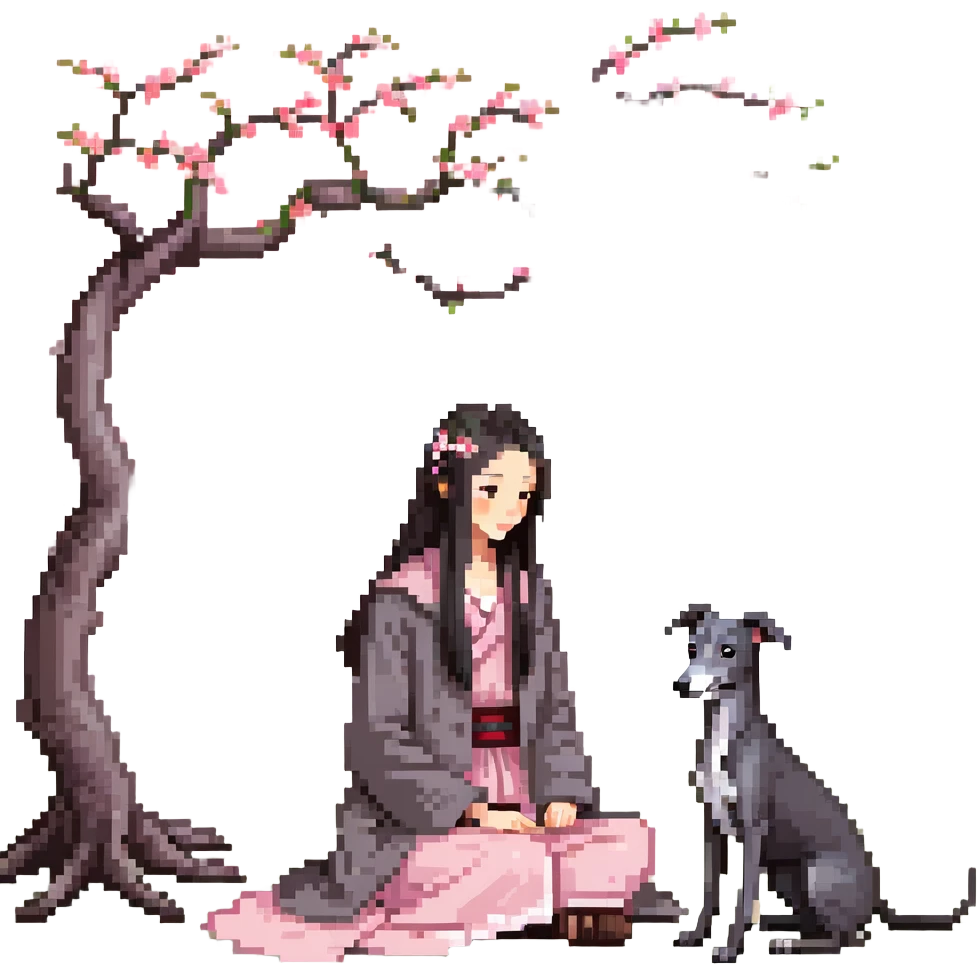 A young Chinese girl with long black hair and a pure dark grey Italian Greyhound with absolutely NO white markings anywhere on its body sitting under a cherry blossom tree. The dog must be completely solid dark grey with no white on muzzle, paws, or chest. emoji
