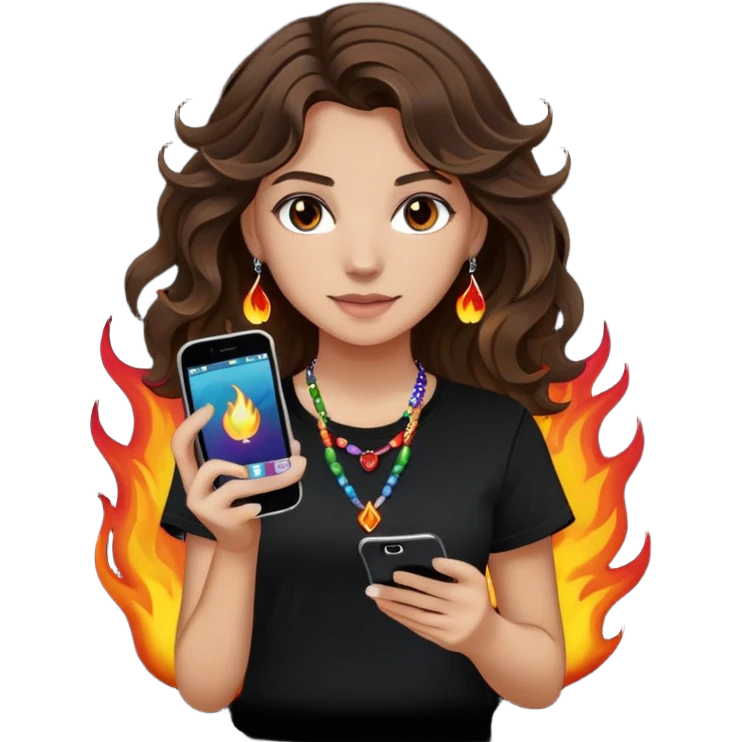 brunette girl with wavy medium length hair, brown eyes, light/medium skin tone, holding iPhone and light phone, wearing black tee shirt with flames on it and colorful beaded charm necklace emoji