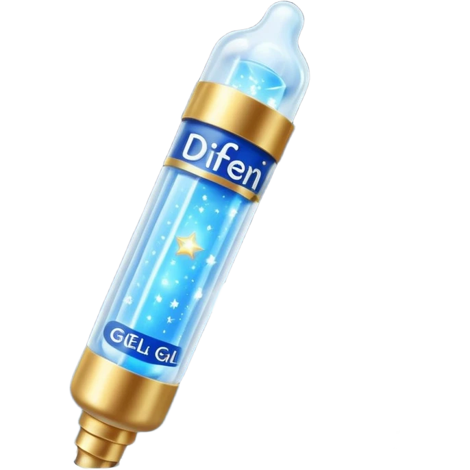 Slim blue Differin Gel tube with white cap and golden glow around the “GEL” label. Floating in a soft blue aura with tiny glowing stars and clear orbs spiraling upward. Emits a focused beam of clarity magic, like a blemish-banishing spell sealed in a sleek, futuristic wand. emoji