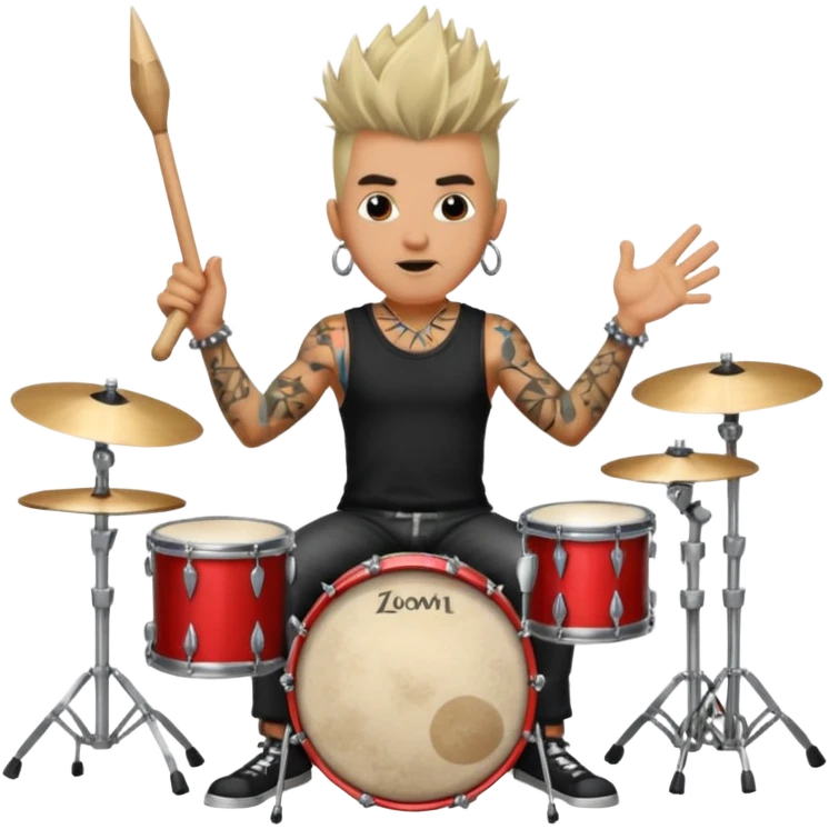 vintage rock drummer, aged, singing passionately, spiked hair, tattoos, drum set, spotlight, retro concert vibe emoji