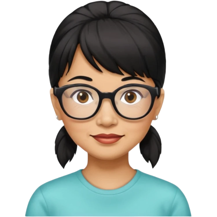 filipino woman black hair in one pony tail with straight bangs and big glasses, 60 yr old

 emoji