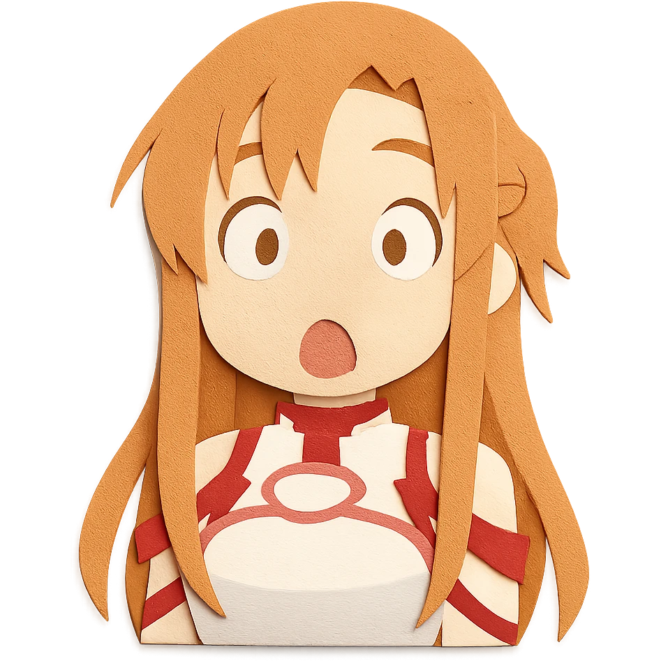 Sticker of Asuna from Sword Art Online in paper cutout style with a surprised expression, inspired by the reference image. emoji