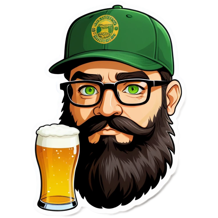 A man with a grey baseball cap, green eyes, big dark brown beard and glasses, drinking beer emoji