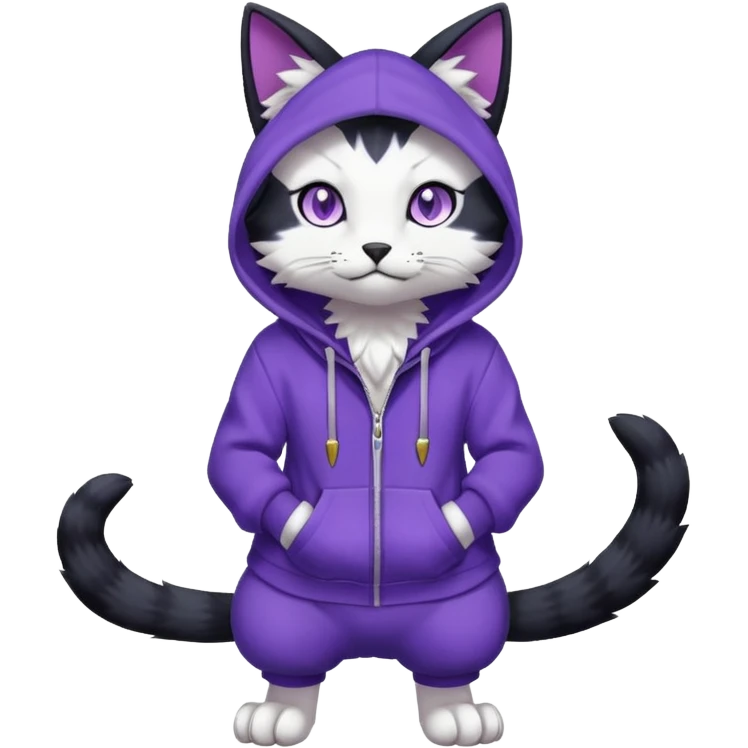 Black cat-garurumon-purloin-feline-Fakemon-Digimon-creature wearing a violet hoodie fursona (full body)  emoji