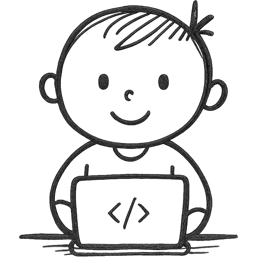 minimalist child programmer, lines and dots, sitting at laptop emoji