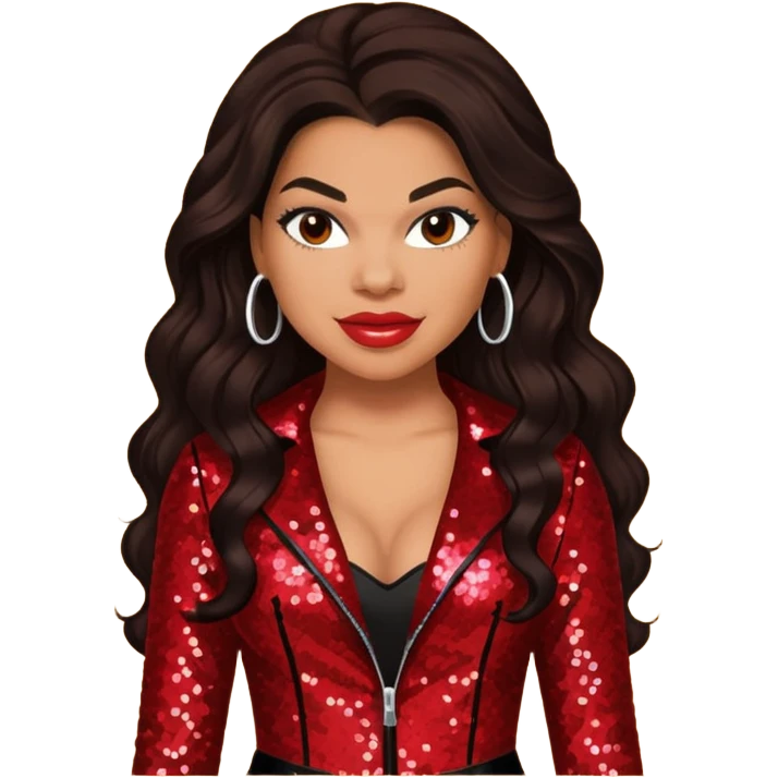 Jordin Sparks with long dark brown hair, red sequin outfit emoji