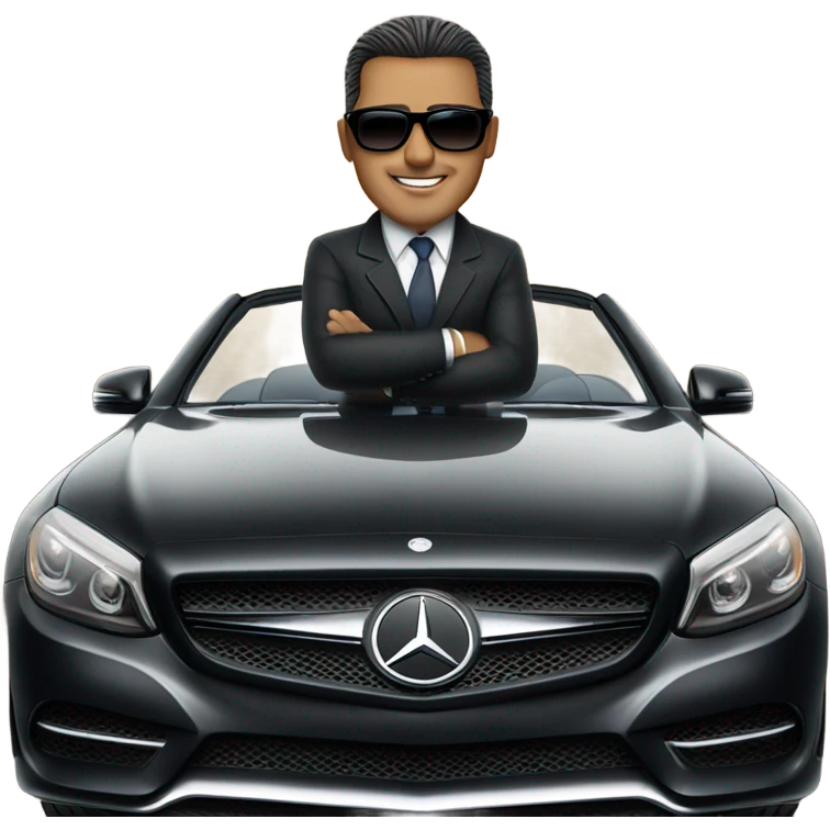 Latino Businessman with sunglasses standing in front of black Mercedes convertible emoji