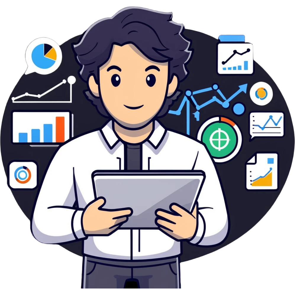Management educator with black wavy hair, stubble, strong features, white skin, smart casual attire, using tablet with digital analytics dashboard, surrounded by technology icons, innovation-focused pose emoji