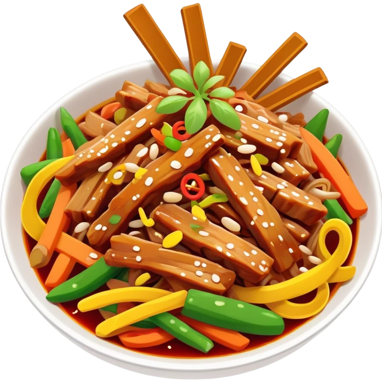 Yuxiang shredded pork Sichuan dish with colorful vegetables, simplified emoji style with bold outlines and bright colors, cartoon style sweet and sour pork strips emoji