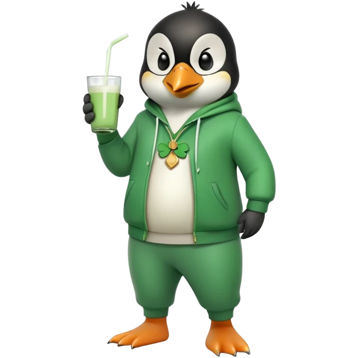 full body friendly anthropomorphised penguin wearing green mafia-style tracksuit, angry intense brooding posture, holding glass of milk, shamrock accessory emoji