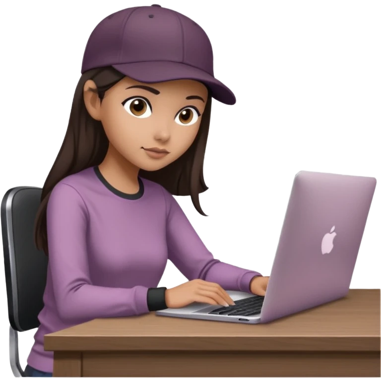 A professional 3D avatar of a young woman with olive skin and long, dark brown hair, wearing a dark, long-sleeved mauve taupe shirt and a black baseball cap. She's sitting at a sleek wooden desk, typing and looking at a silver MacBook.  emoji