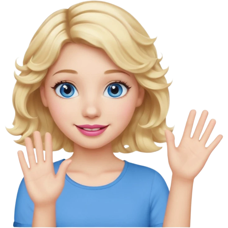 Girl Blonde short wavy hair,  blue eyes, cute blue top, long lashes, pink lips, waving hello  emoji