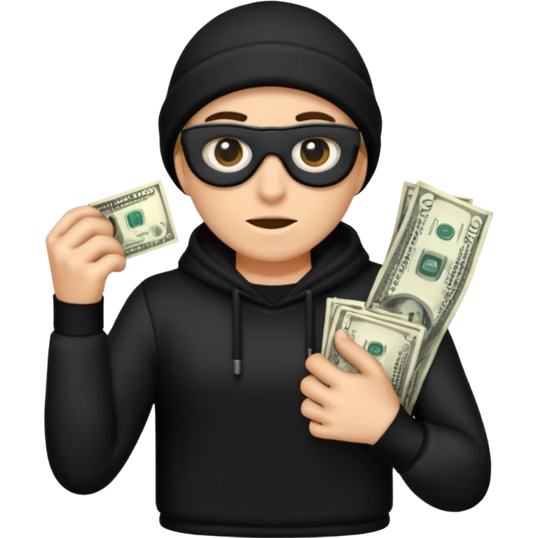 Robber with money na mão direita com uma blusa de frio preta e moreno emoji