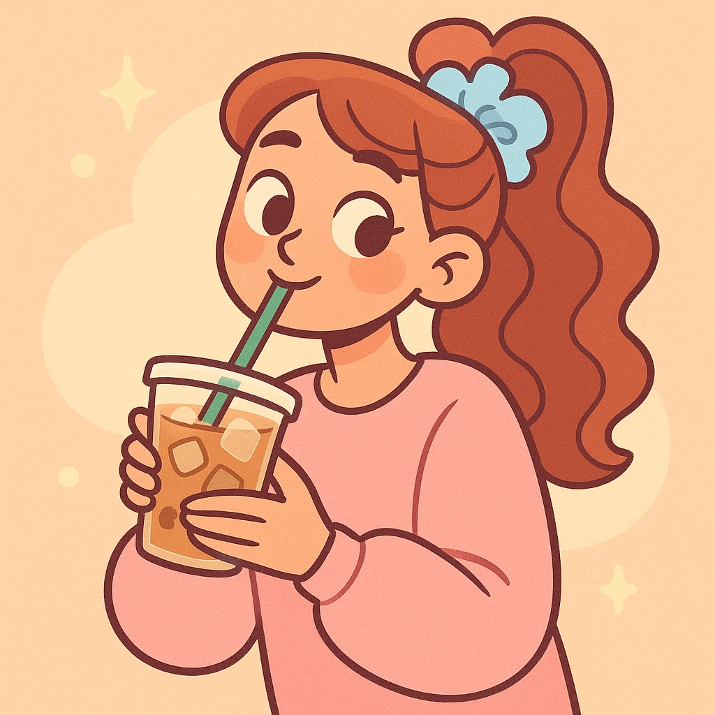 girly pop pinterest vibe, iced coffee, scrunchie, cozy, soft lighting emoji