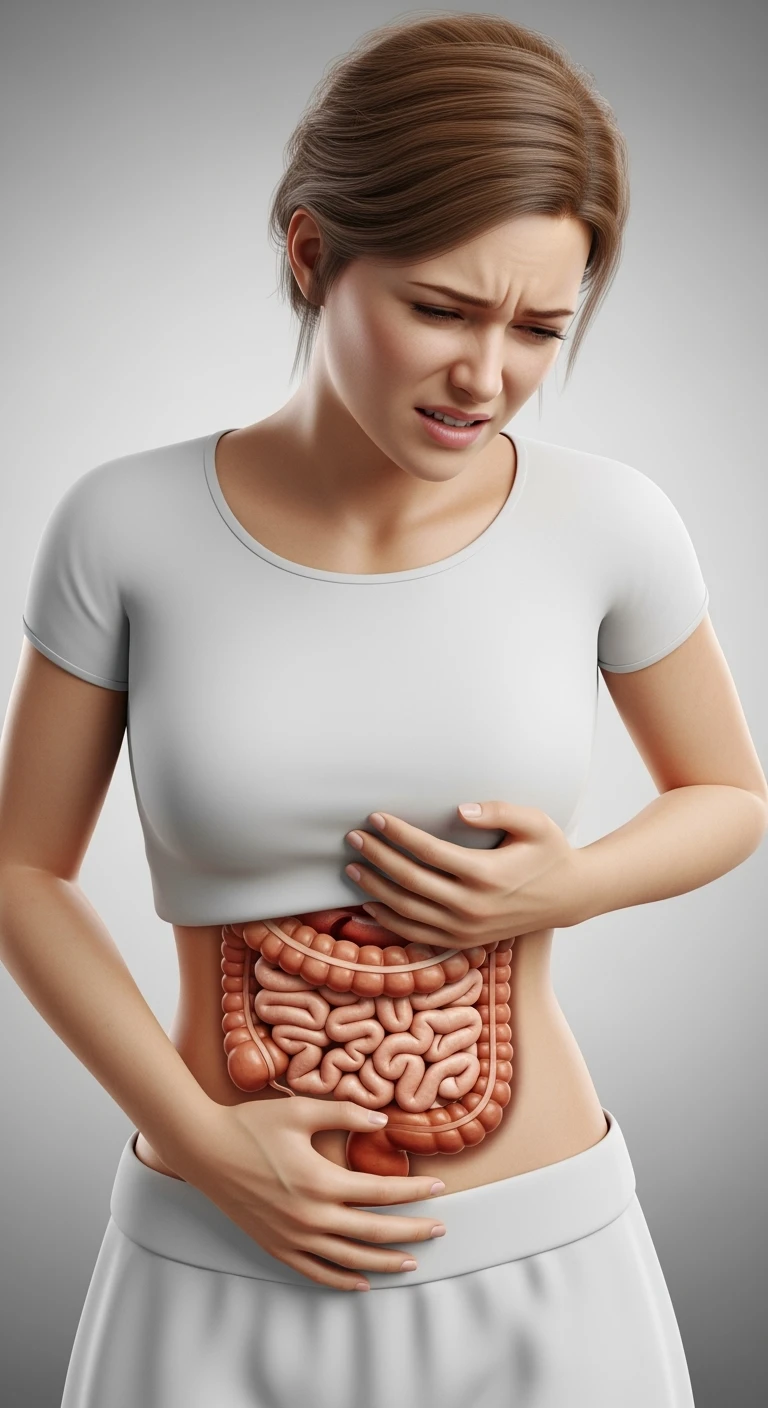 DONNA CON INTESTINO ANATOMICO REALISTICO e mal di pancia, intestino realistico in evidenza, IPERREALISTICO 4K emoji